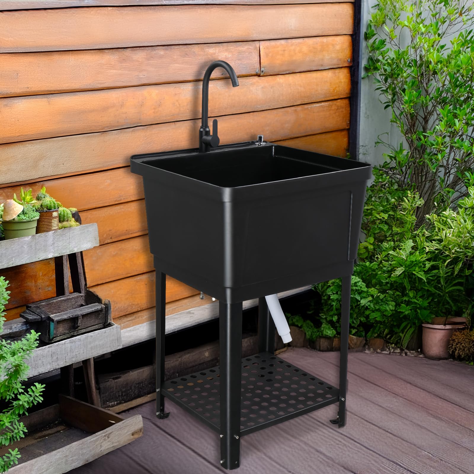 ROVSUN 24" x 24" Plastic Utility Sink with Storage Shelf Black