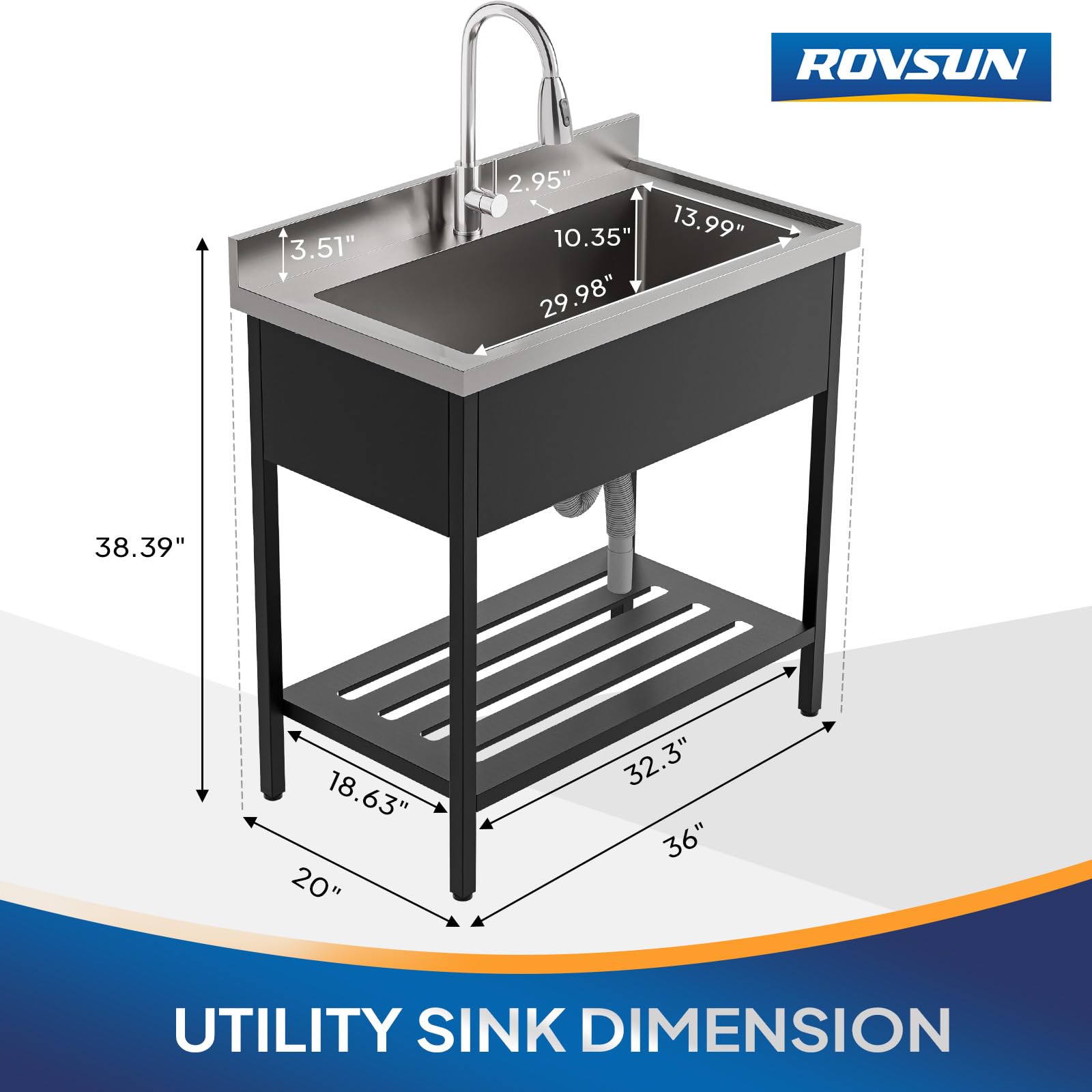 ROVSUN 36" x 20" Stainless Steel Utility Sink with Faucet & Draining Rack