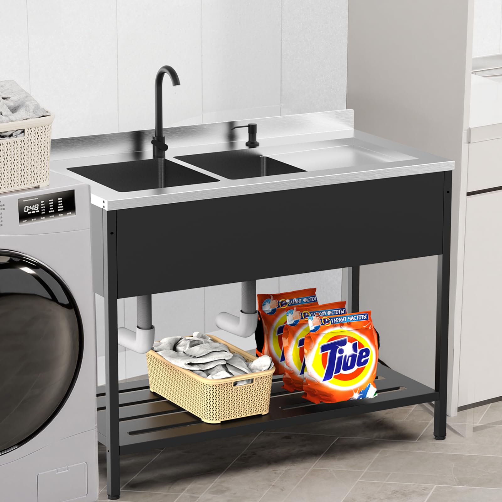 ROVSUN 48" x 24" Stainless Steel Double Bowl Utility Sink with Faucet