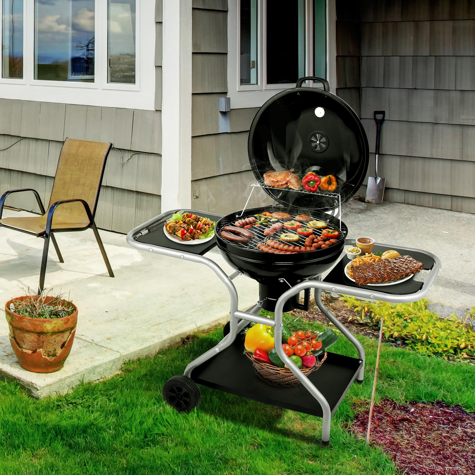 22.5" Kettle Charcoal Grill with Side Table & Ash Catcher