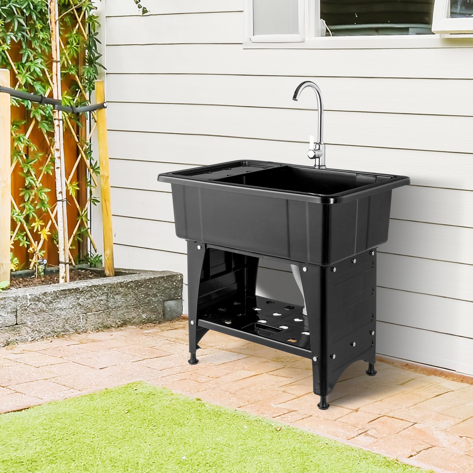 ROVSUN 32" x 22" Utility Sink Laundry Tub with Faucet & Shelf & Drainboard Black
