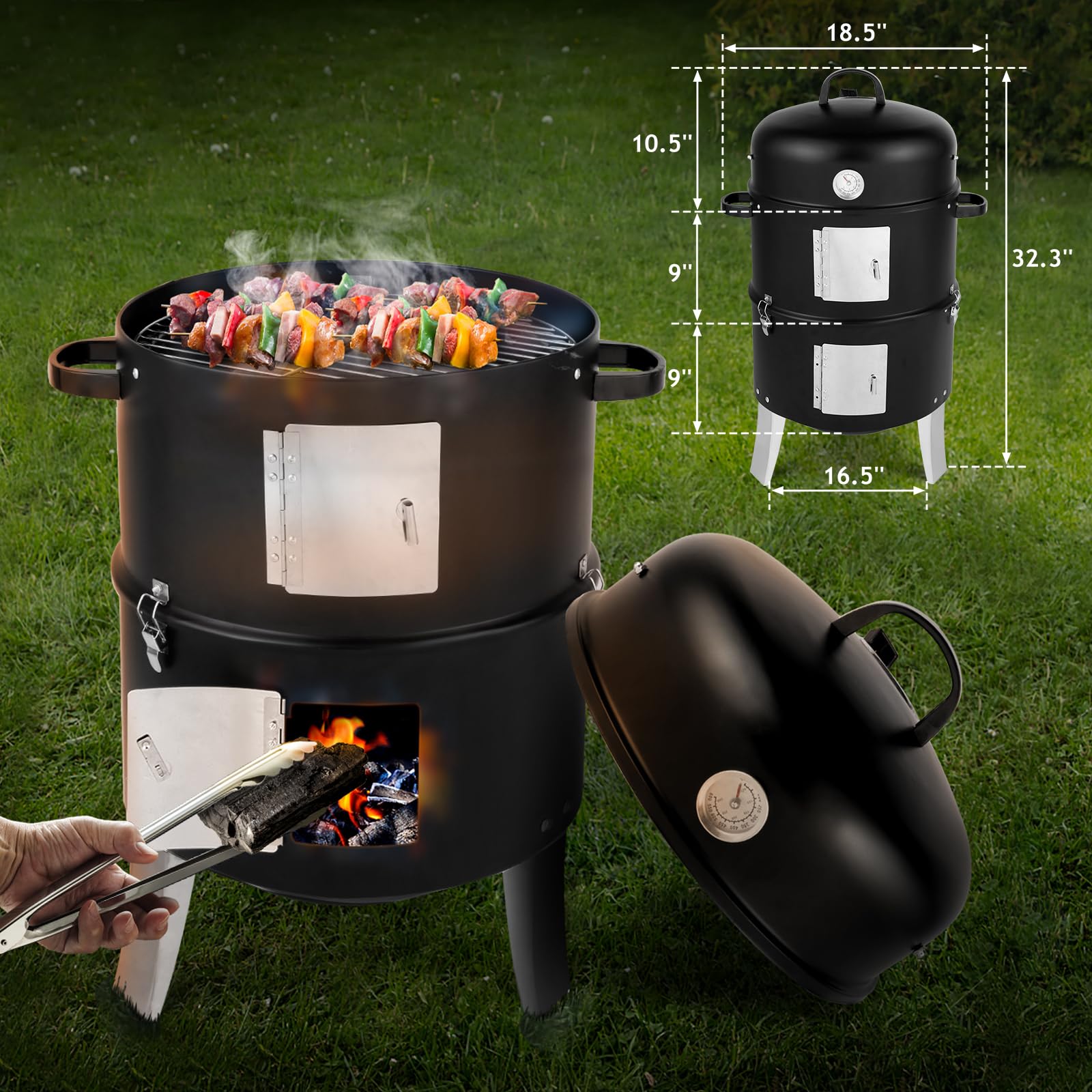 3-in-1 Vertical Charcoal Grill Outdoor BBQ Charcoal Smoker