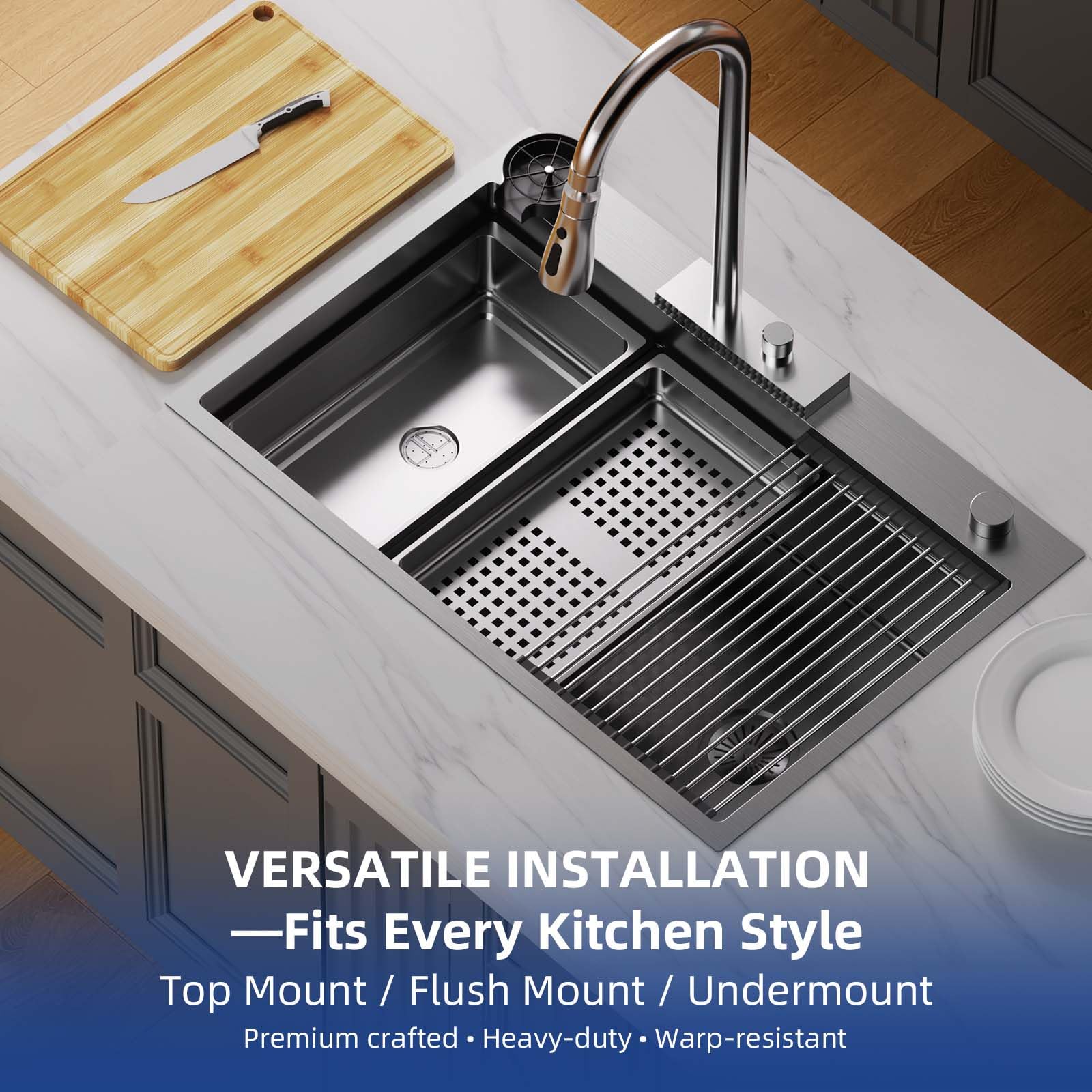 ROVSUN 33" x 22" Drop-in Waterfall Kitchen Sink with Right Drain Silver