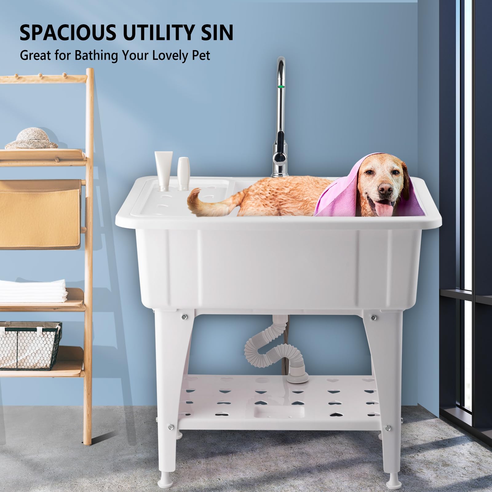 ROVSUN 32" x 22" Utility Sink Laundry Tub with Faucet & Shelf & Drainboard White