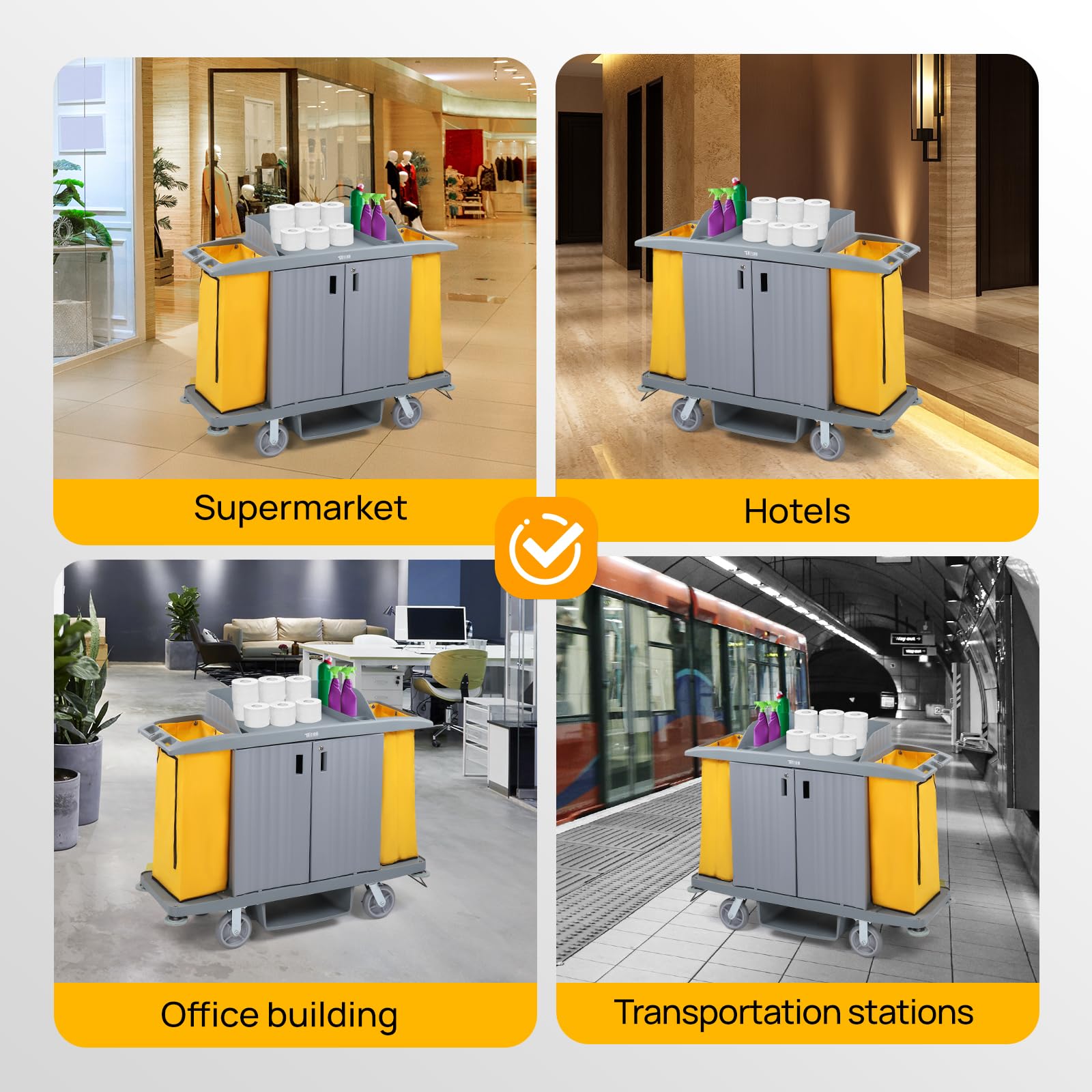 60" Multifunctional Housekeeping Hotel Cart Janitorial Cart with Locking