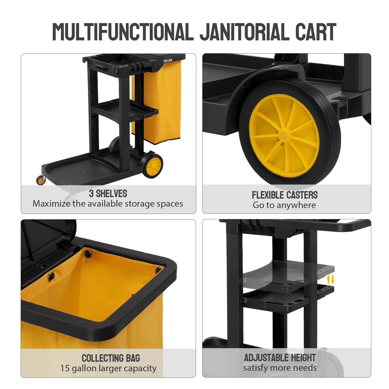 TUFFIOM 3-Tier 500 LBS Capacity Janitorial Cart with 15 Gallon Bag