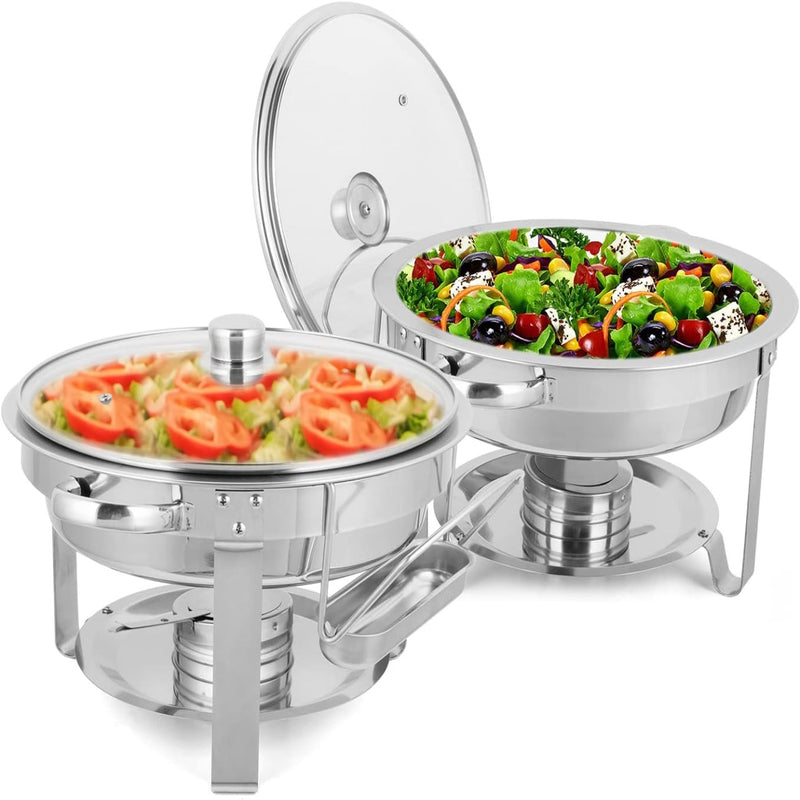 ROVSUN 5 QT Round Chafing Dish Buffet Set Stainless Steel Chafer with Glass Lid & Lid Holder 1/2/4 Packs