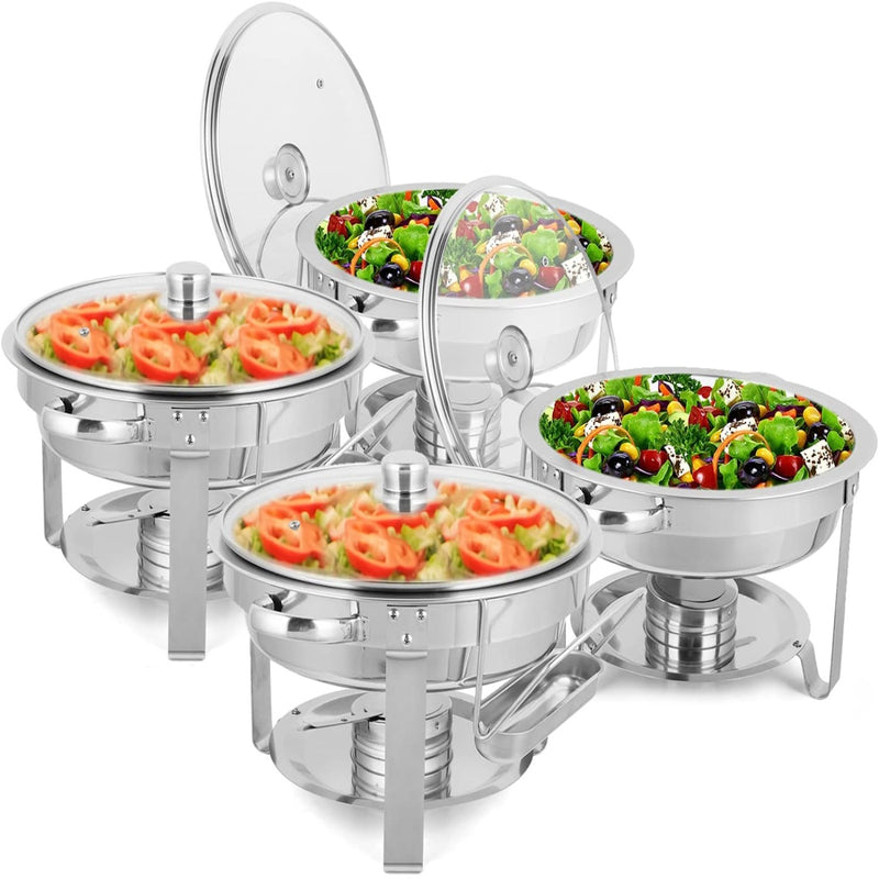ROVSUN 5 QT Round Chafing Dish Buffet Set Stainless Steel Chafer with Glass Lid & Lid Holder 1/2/4 Packs