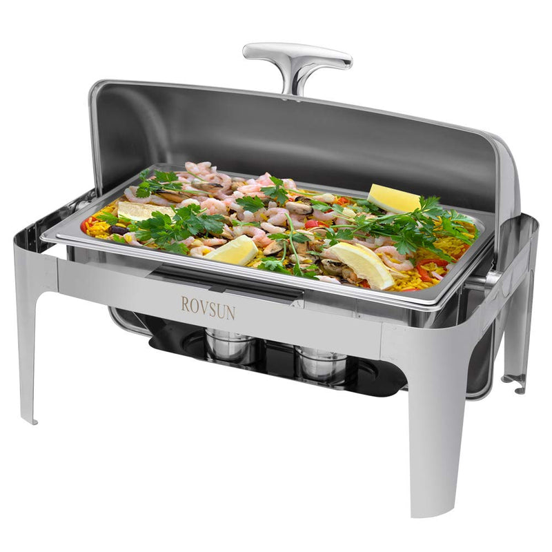 ROVSUN 9 QT Rectangle Roll Top Stainless Steel Chafing Dish Buffet Set with Full Size Pan Silver 1/2/3 Packs