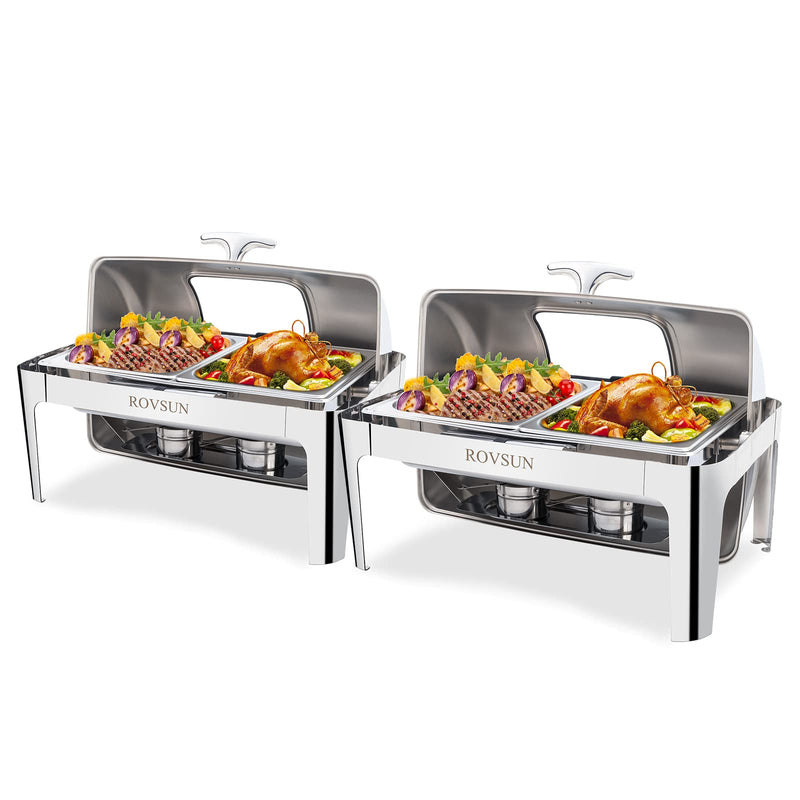 ROVSUN 9 QT Rectangle Roll Top Chafing Dish Buffet Set with 2 Half Size Pan & Visual Glass Window 1/2/3 Packs