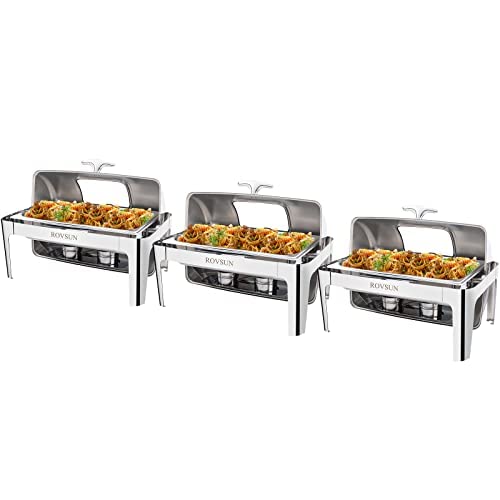 ROVSUN 9 QT Rectangle Roll Top Chafing Dish Buffet Set with Full Size Pan & Visual Glass Window 1/2/3 Packs