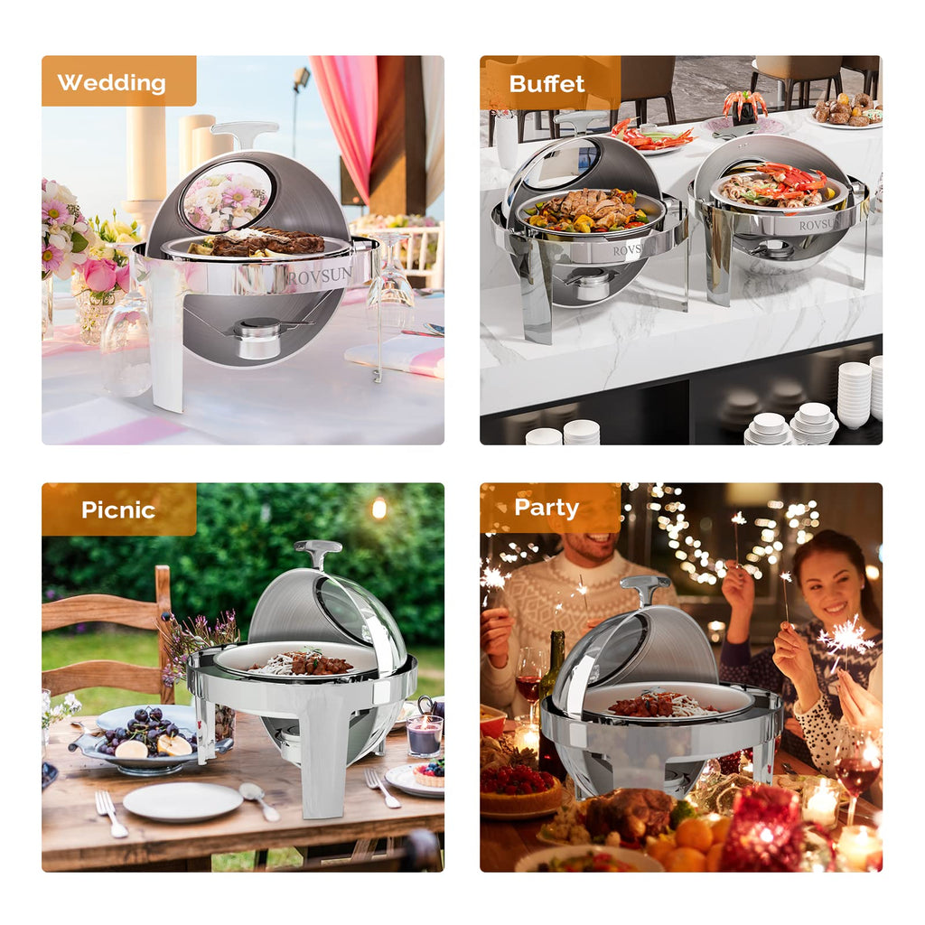 ROVSUN 6 QT Roll Top Round Silver Chafing Dish Buffet Set