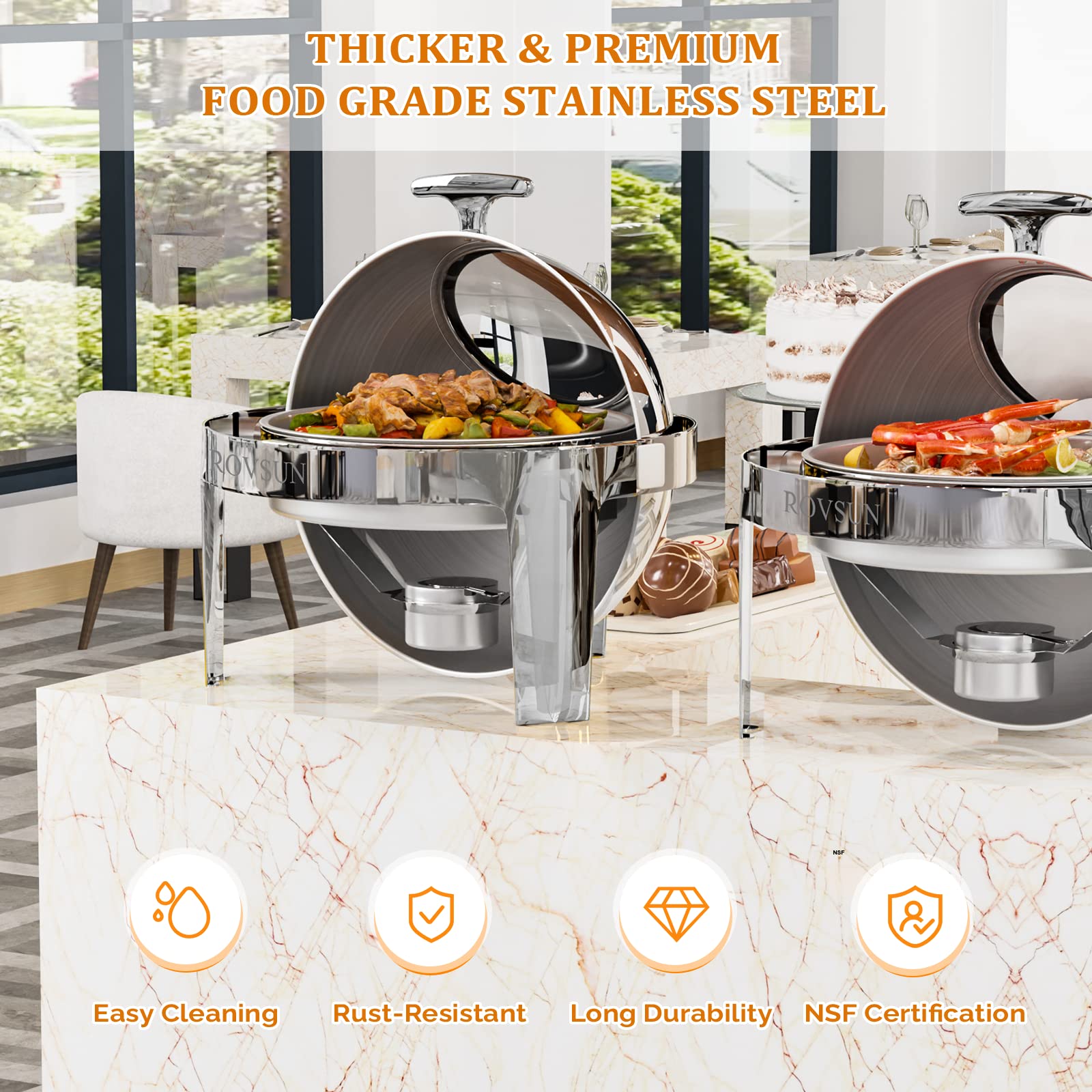 ROVSUN 6 QT Roll Top Round Silver Chafing Dish Set with Visible Window