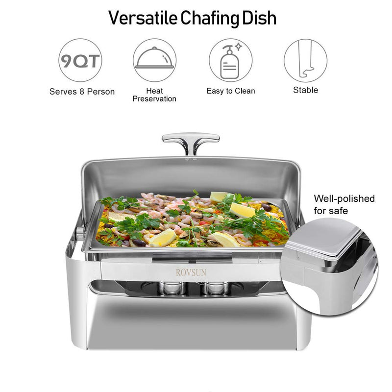 ROVSUN 9 QT Rectangle Roll Top Stainless Steel Chafing Dish Buffet Set with Full Size Pan Silver 1/2/3 Packs