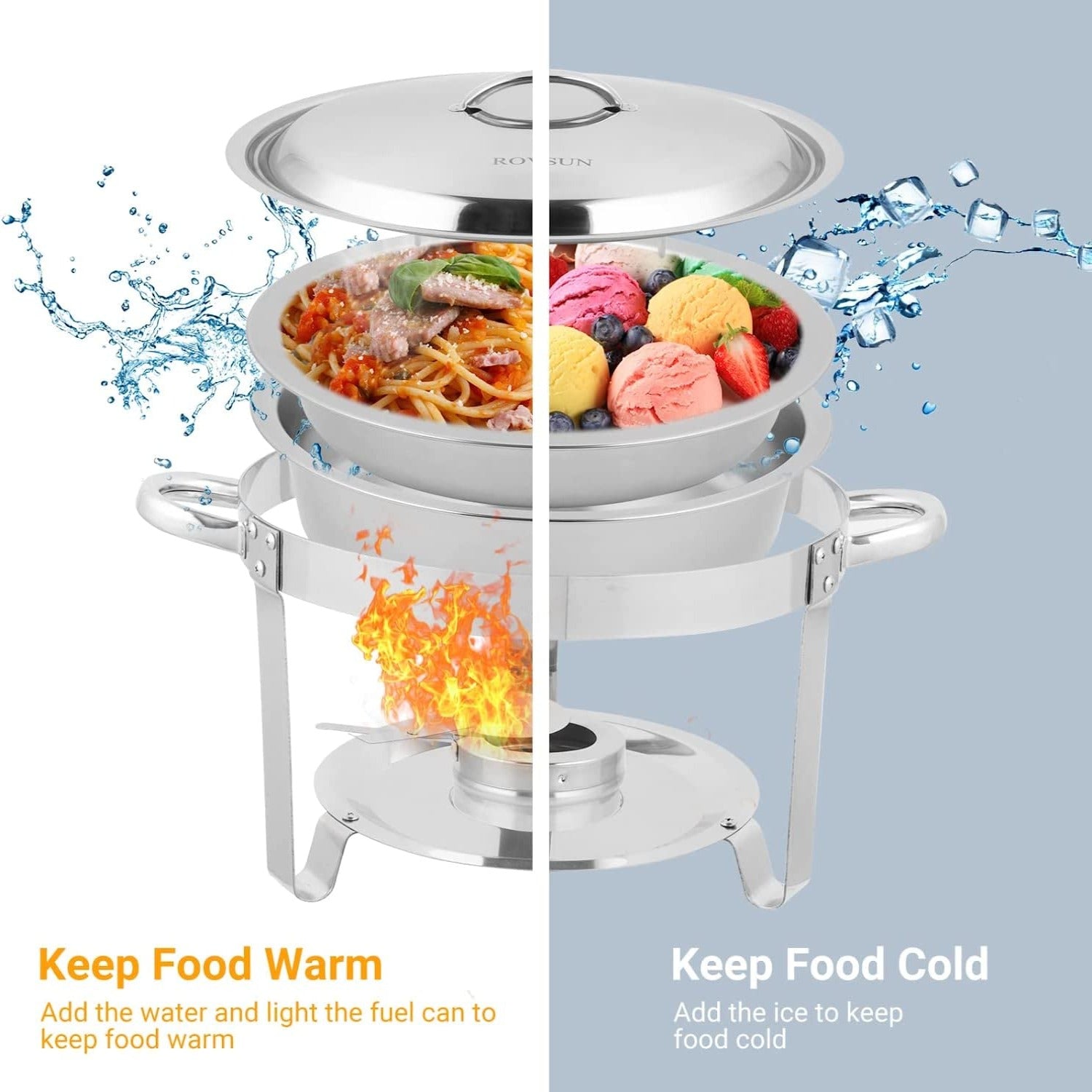 ROVSUN 5 QT Round Silver Chafing Dish Set with Stainless Steel Lid Holder