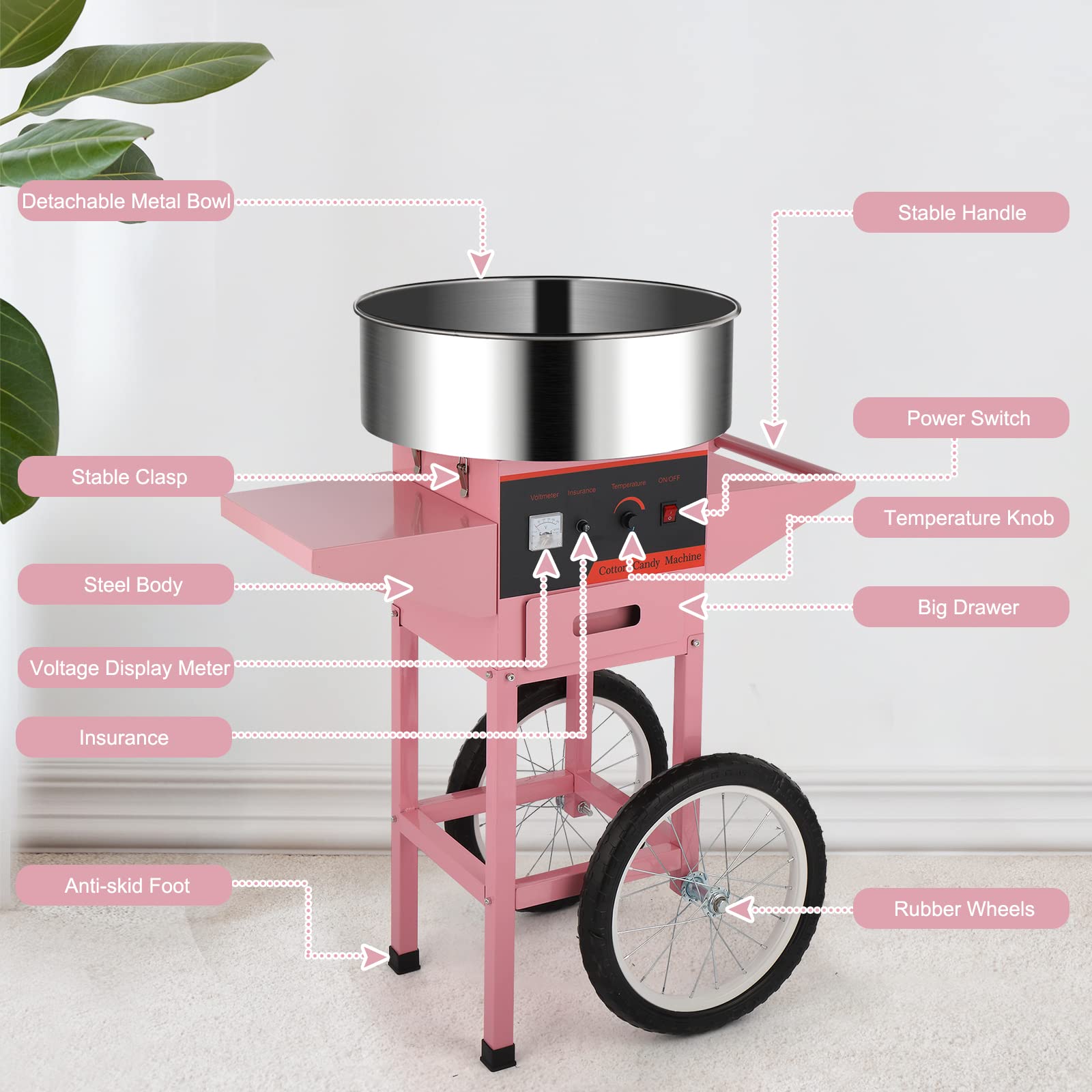 ROVSUN 21" 980W 110V Cotton Candy Machine Cart with Bowl Pink