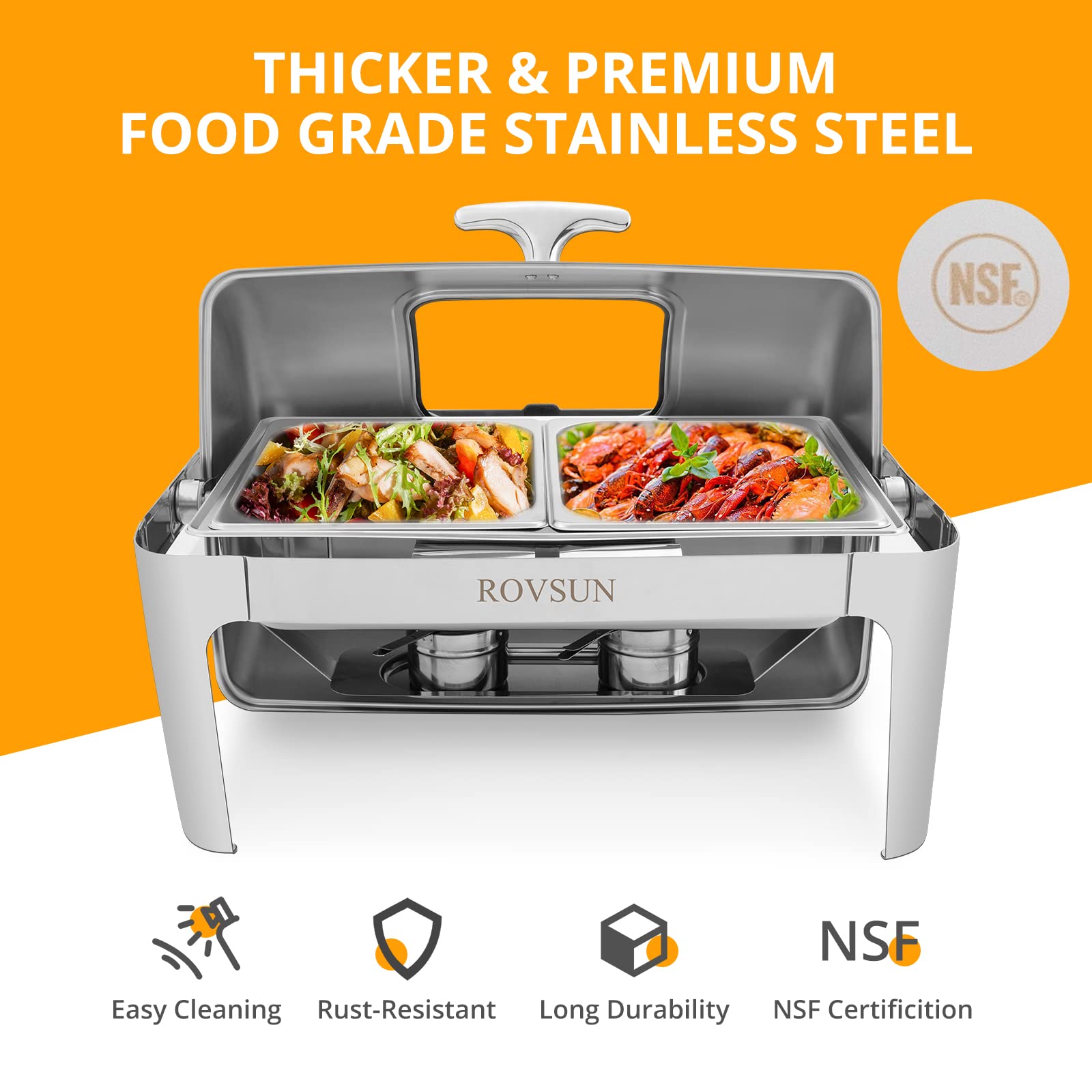 ROVSUN 9 QT Roll Top Rectangle Chafing Dish Set with 2 Half Size Pan & Visible Window