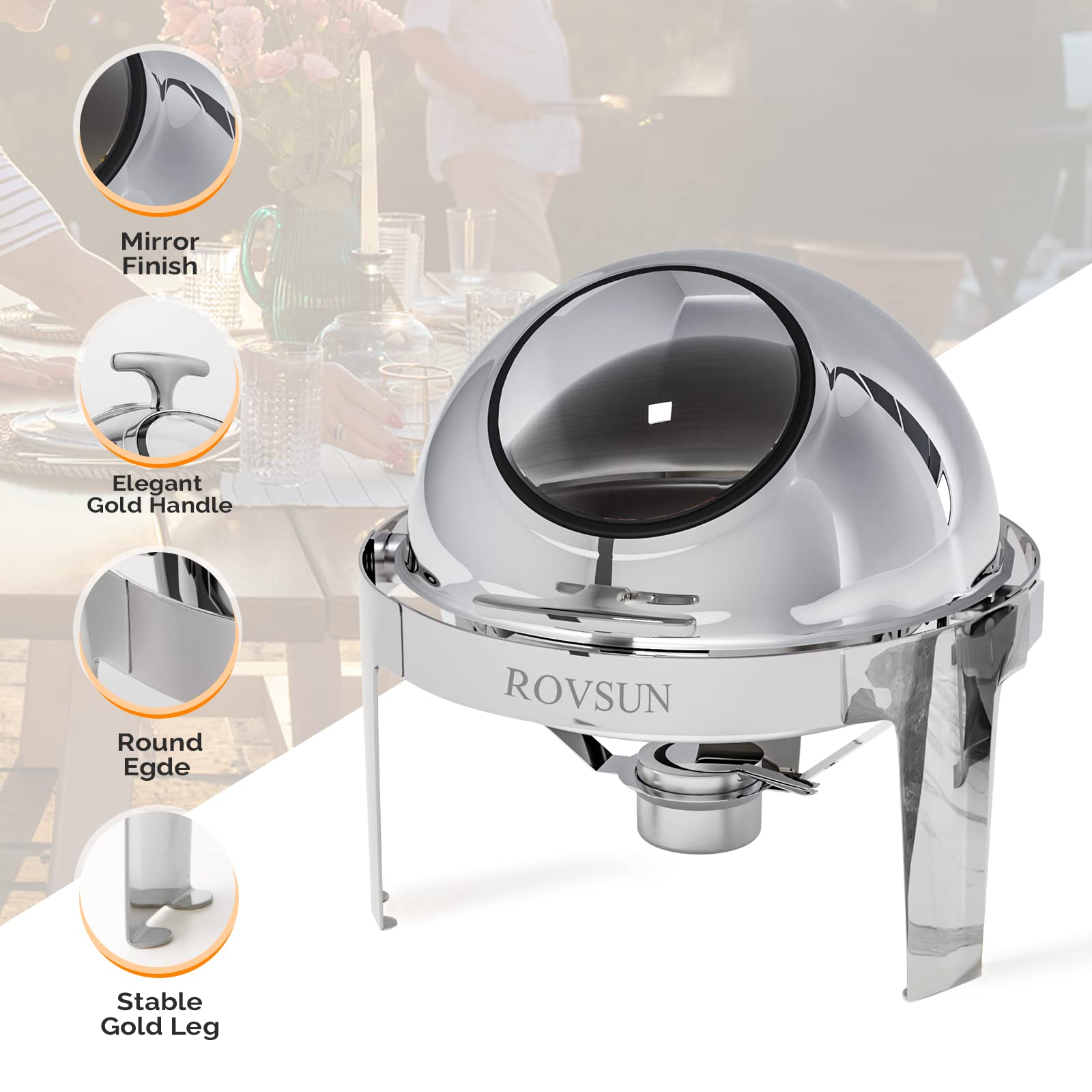 ROVSUN 6 QT Roll Top Round Silver Chafing Dish Set with Visible Window