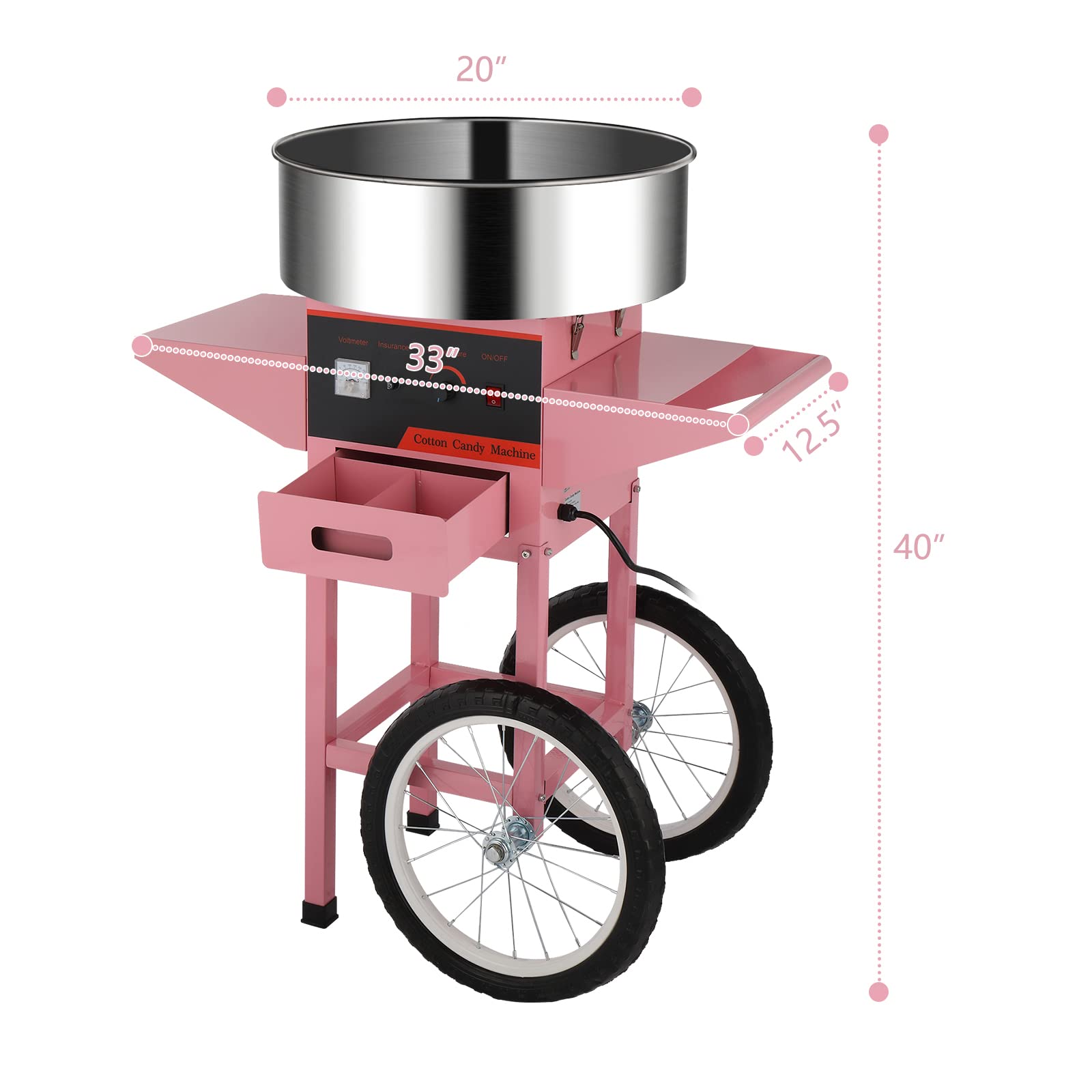 ROVSUN 21" 980W 110V Cotton Candy Machine Cart with Bowl Pink