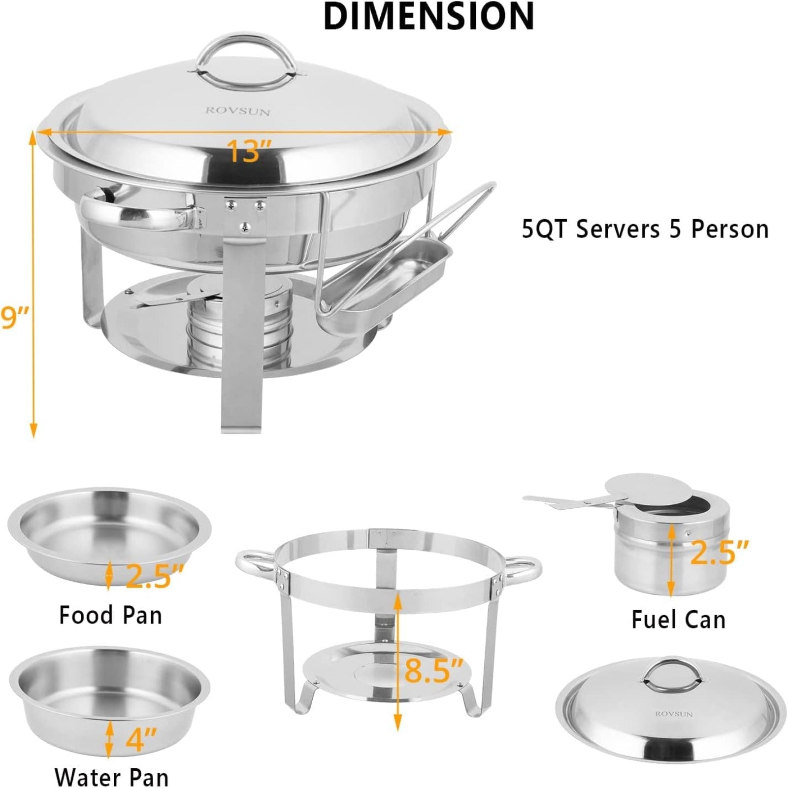 ROVSUN 5 QT Round Silver Chafing Dish Set with Stainless Steel Lid Holder