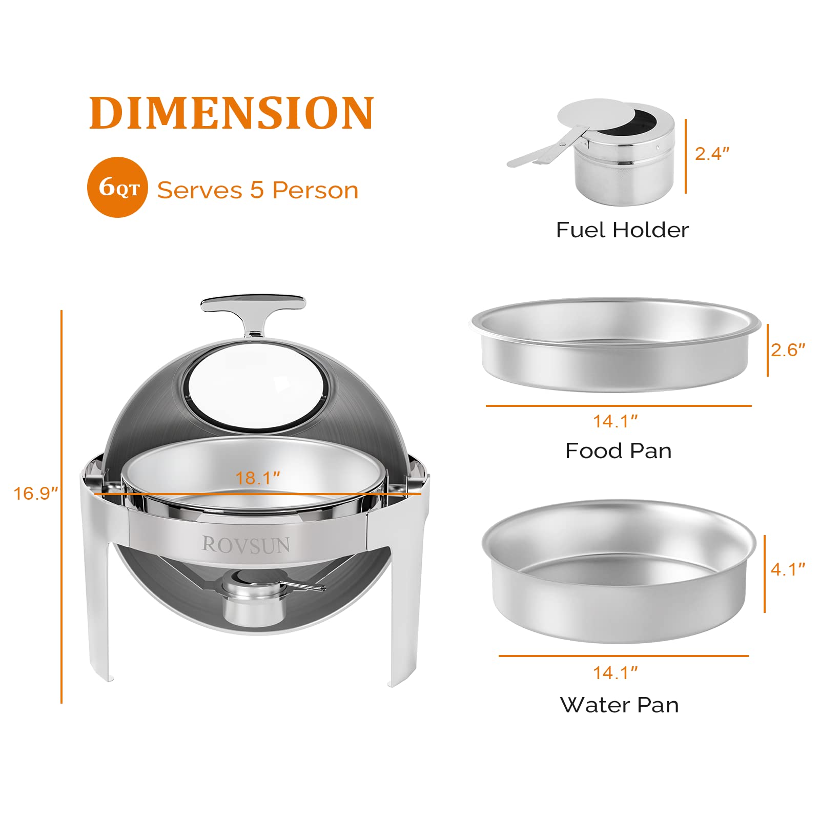 ROVSUN 6 QT Roll Top Round Silver Chafing Dish Set with Visible Window