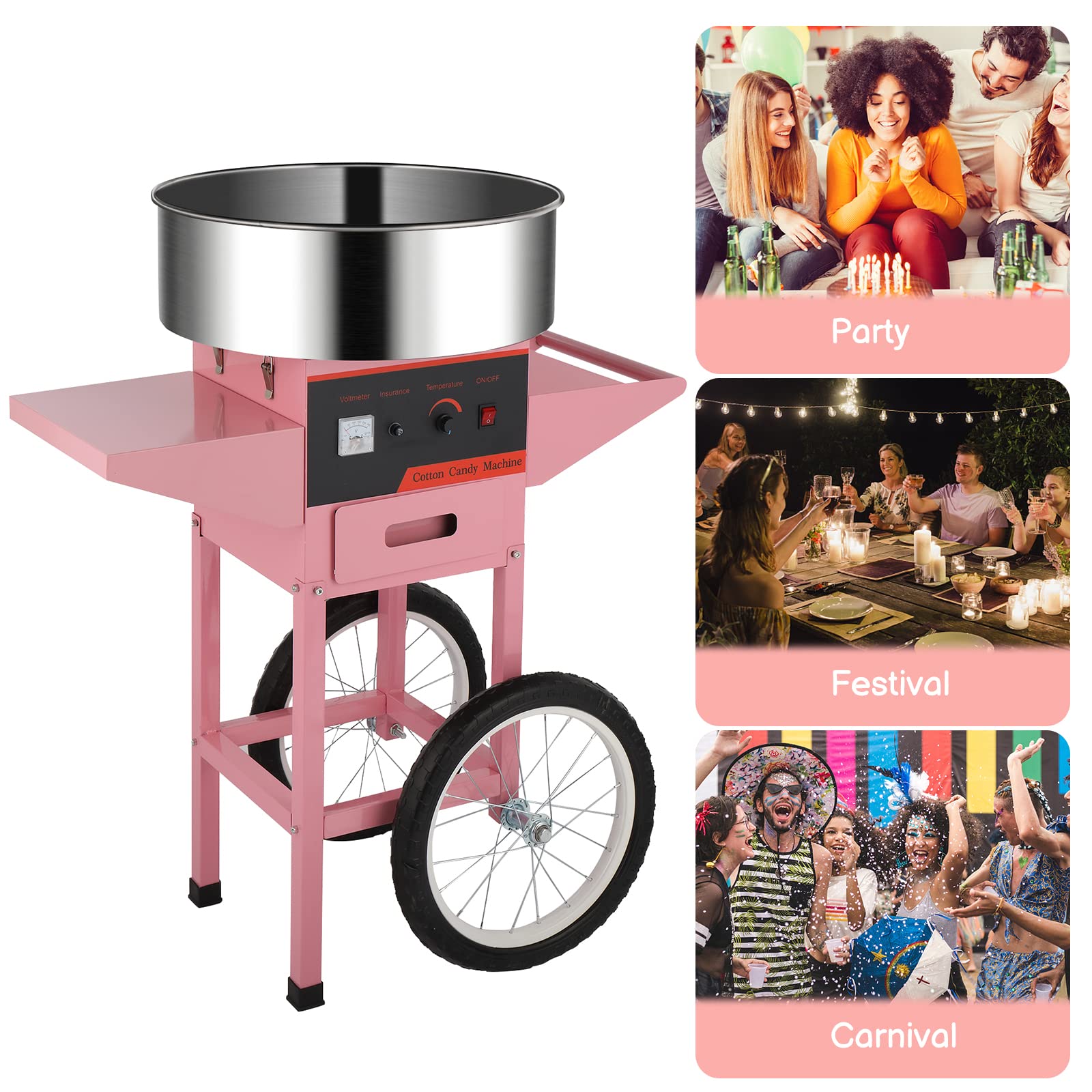 ROVSUN 21" 980W 110V Cotton Candy Machine Cart with Bowl Pink
